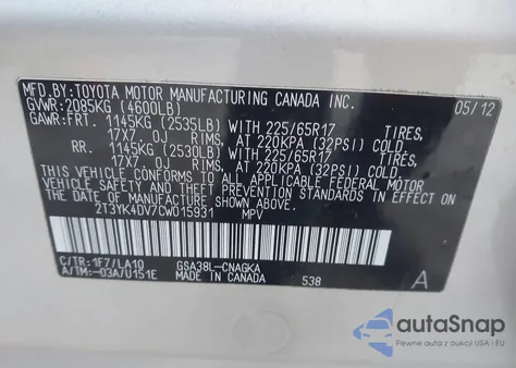 2012 Toyota Rav4 Limited V6 from USA, damaged, VIN 2T3YK4DV7CW015931